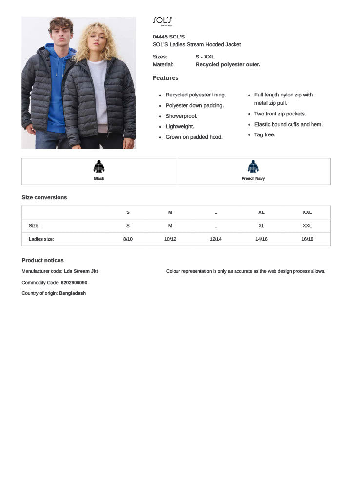 SOL'S Ladies Stream Hooded Jacket (Lds Stream Jkt) 04445
