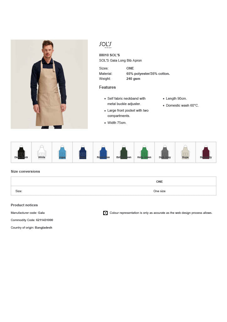 SOL'S Gala Long Bib Apron