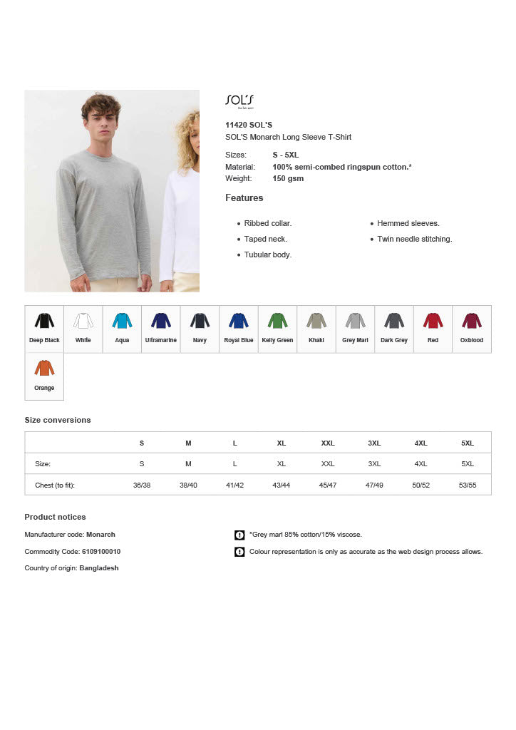 SOL'S Monarch Long Sleeve T-Shirt
