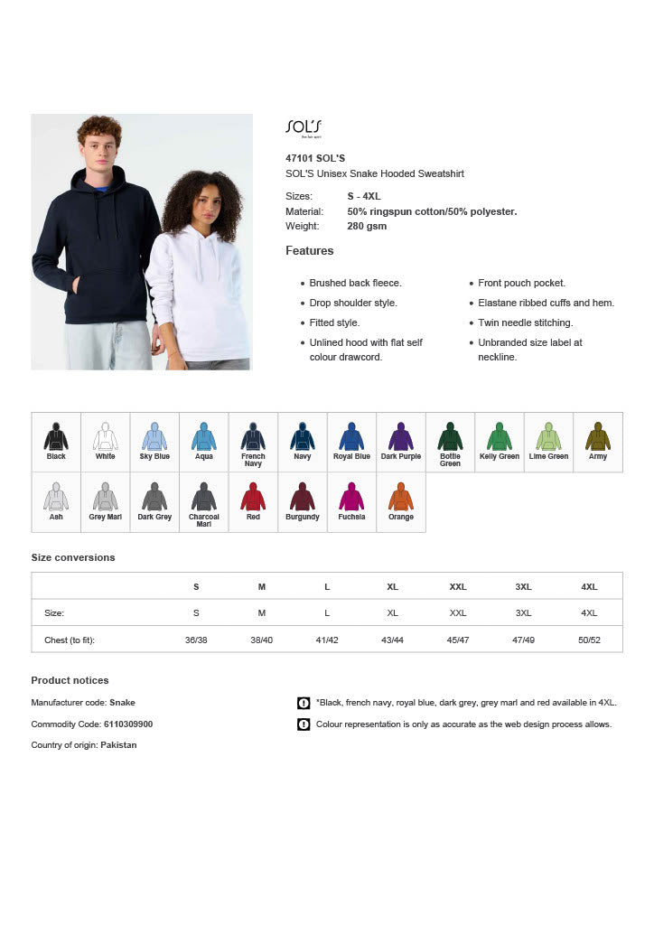 SOL'S Unisex Snake Hooded Sweatshirt