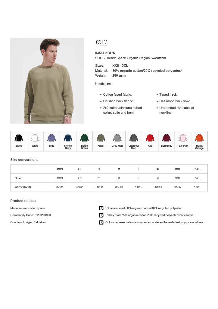 SOL'S Unisex Space Organic Raglan Sweatshirt