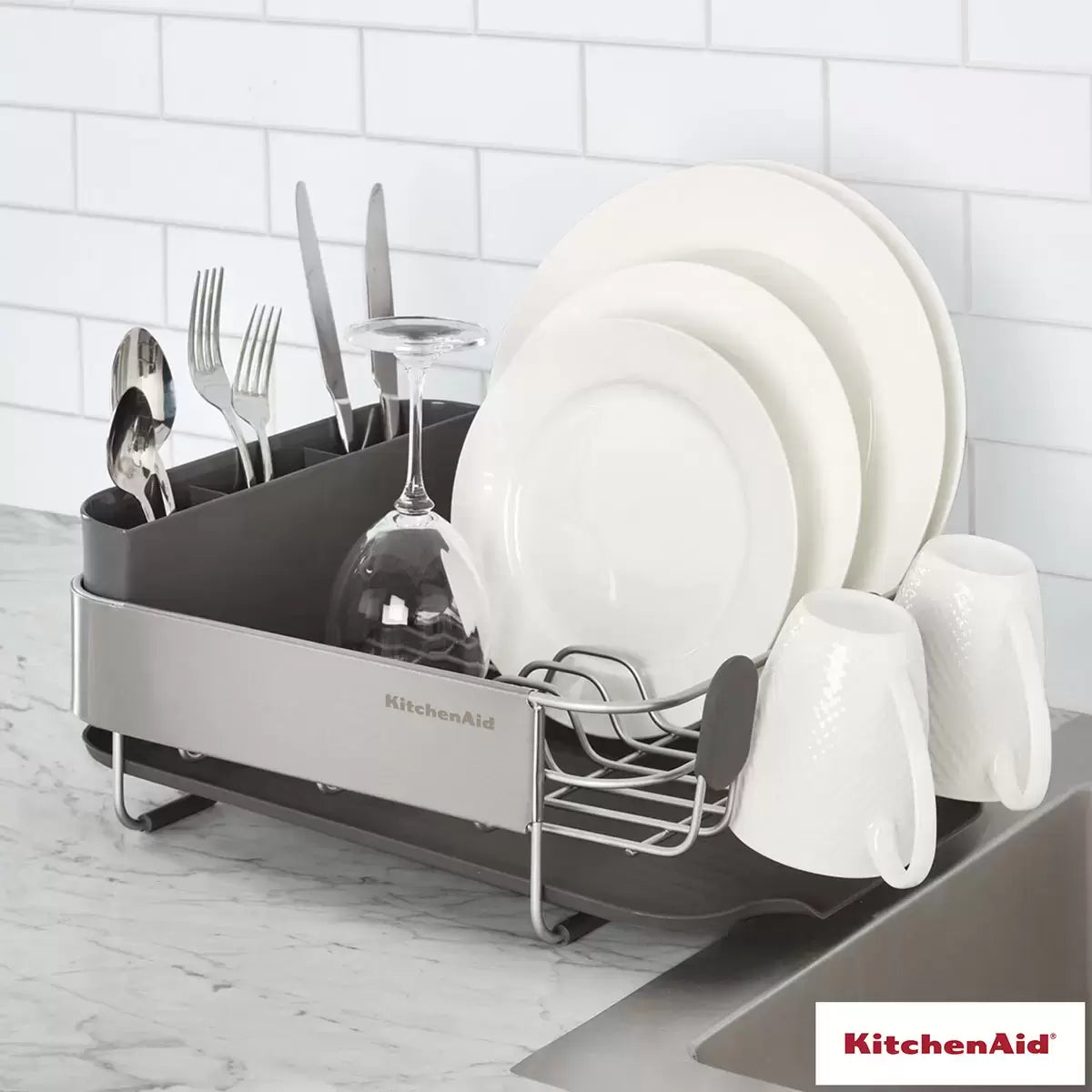 Kitchen Aid Compact Dish Rack with Stainless Steel Panel in Grey