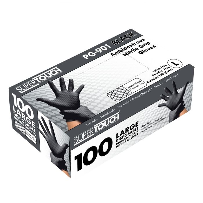 Supertouch Black Disposable Nitrile Diamond Grip 100 Gloves Box PG901B