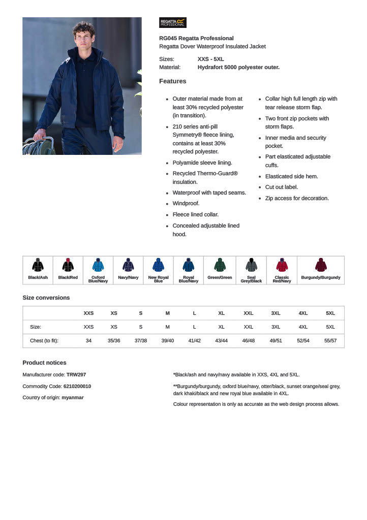 Regatta Dover Waterproof Insulated Jacket  (TRW297)  RG045