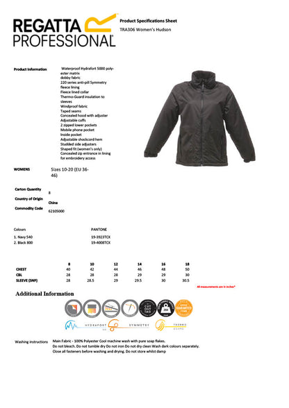 Regatta Ladies Hudson Waterproof Insulated Jacket (TRA306) RG043