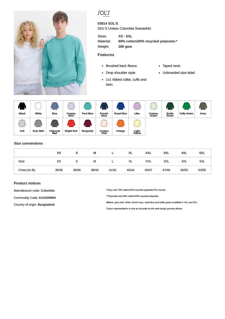 SOL'S Unisex Columbia Sweatshirt (Columbia) 03814