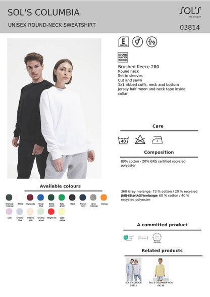 SOL'S Unisex Columbia Sweatshirt (Columbia) 03814