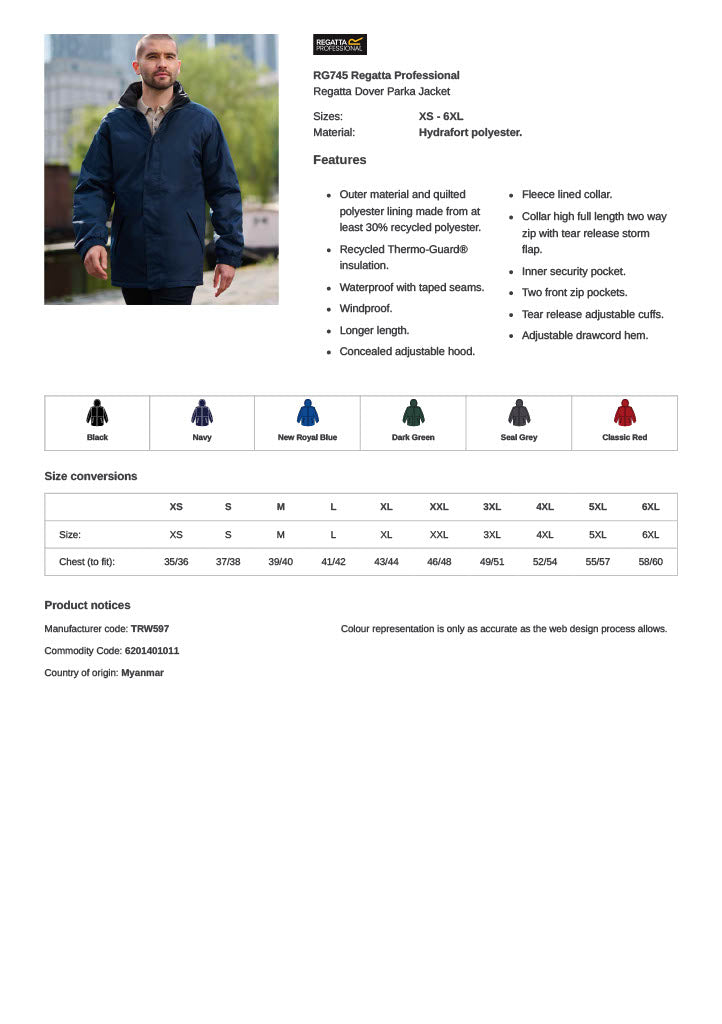 Regatta Dover Parka Jacket (TRW597) RG745