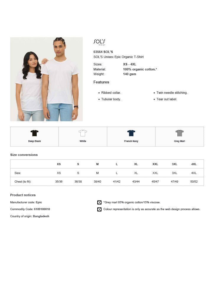 SOL'S Unisex Epic Organic T-Shirt