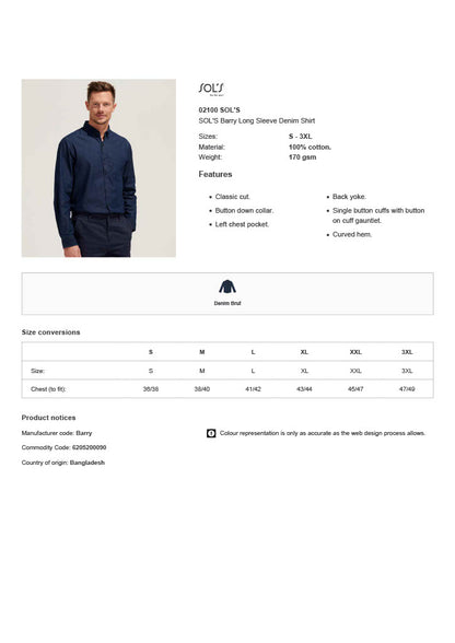 SOL'S Barry Long Sleeve Denim Shirt