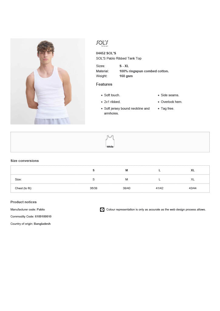 SOL'S Pablo Ribbed Tank Top