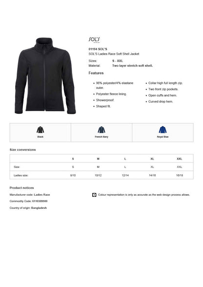SOL'S Ladies Race Soft Shell Jacket