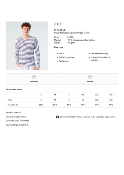 SOL'S Marine Long Sleeve Striped T-Shirt