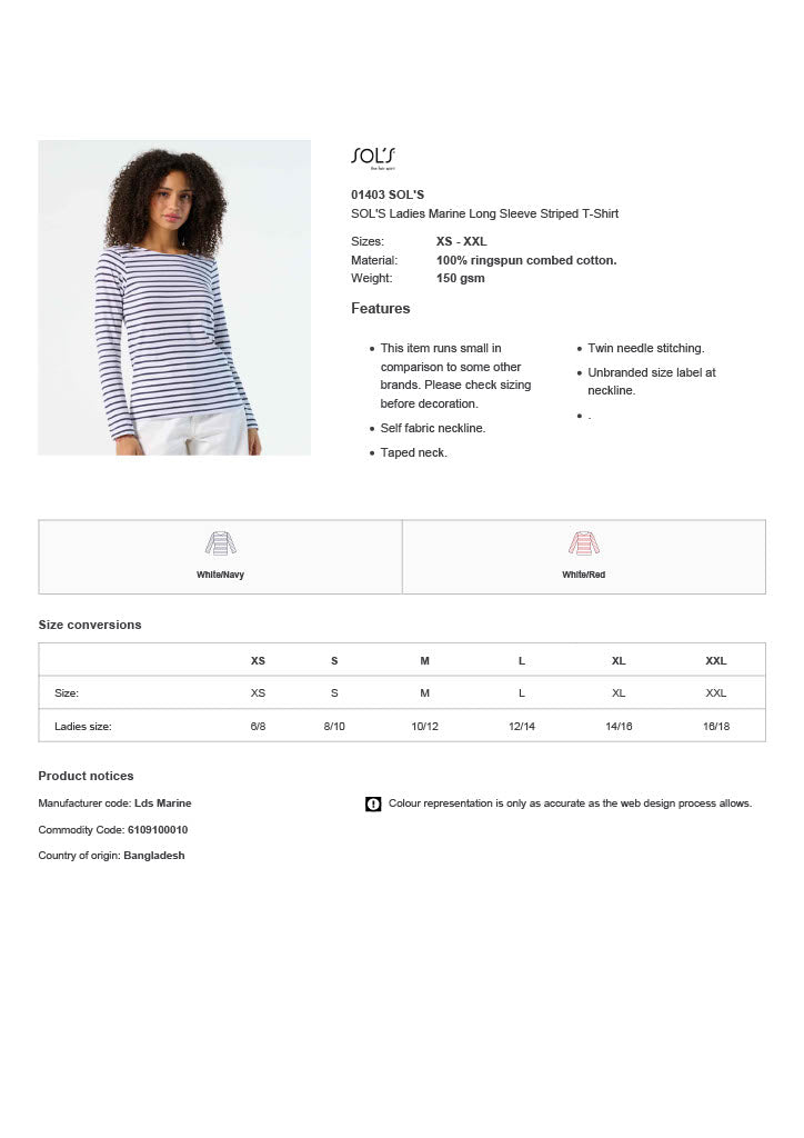 SOL'S Ladies Marine Long Sleeve Striped T-Shirt