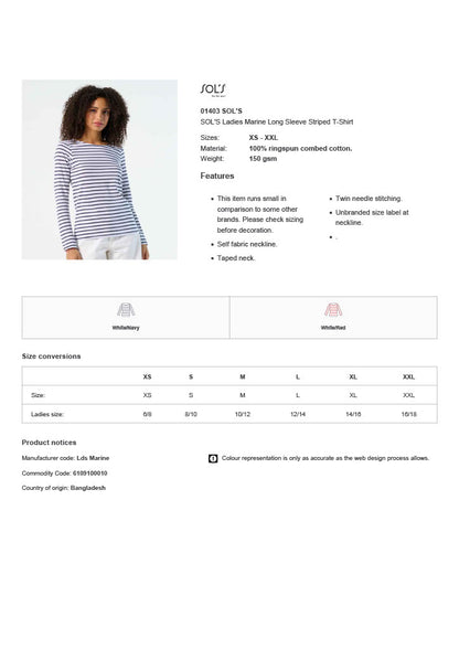 SOL'S Ladies Marine Long Sleeve Striped T-Shirt