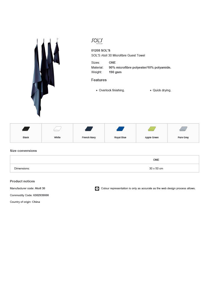 SOL'S Atoll 30 Microfibre Guest Towel