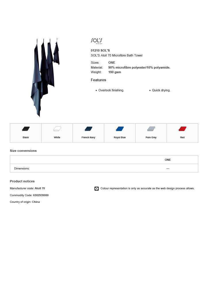 SOL'S Atoll 70 Microfibre Bath Towel