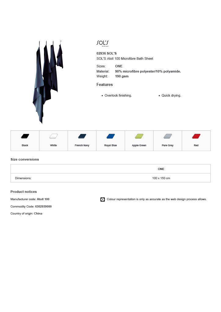 SOL'S Atoll 100 Microfibre Bath Sheet