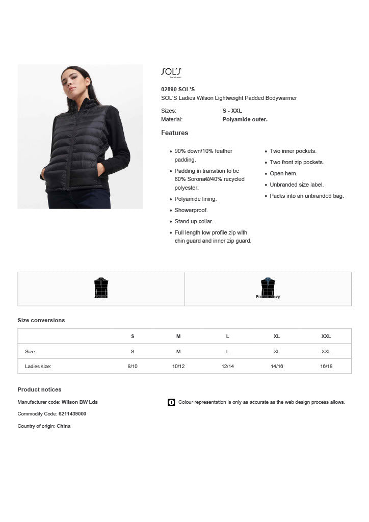 SOL'S Ladies Wilson Lightweight Padded Bodywarmer