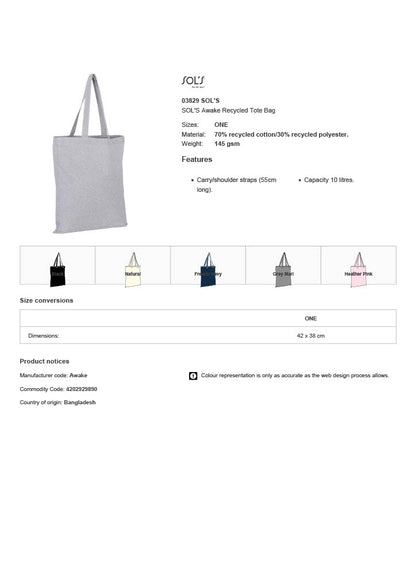 SOL'S Awake Recycled Tote Bag