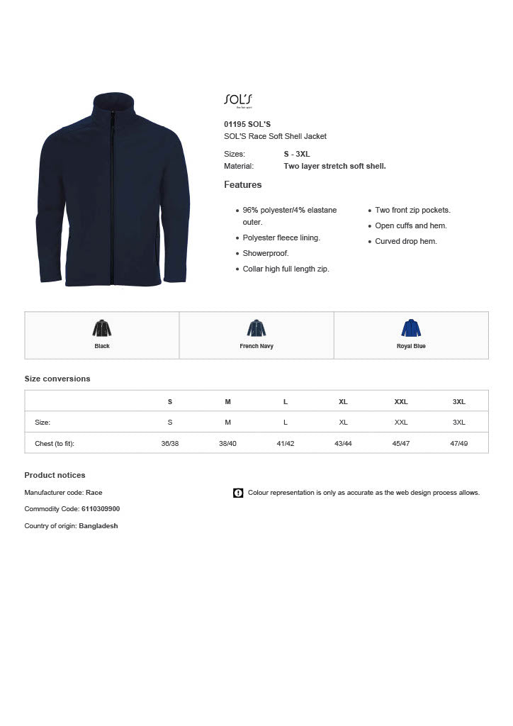 SOL'S Race Soft Shell Jacket