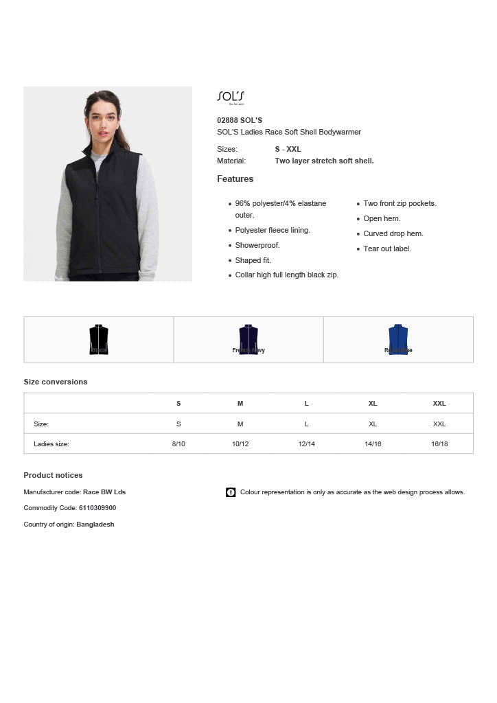 SOL'S Ladies Race Soft Shell Bodywarmer