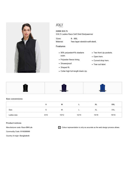 SOL'S Ladies Race Soft Shell Bodywarmer