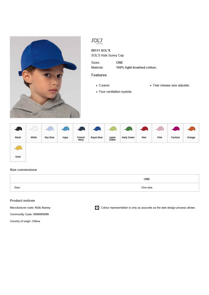 SOL'S Kids Sunny Cap