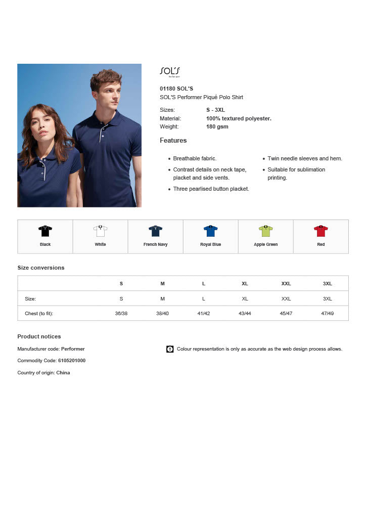 SOL'S Performer Piqué Polo Shirt SOLS Order