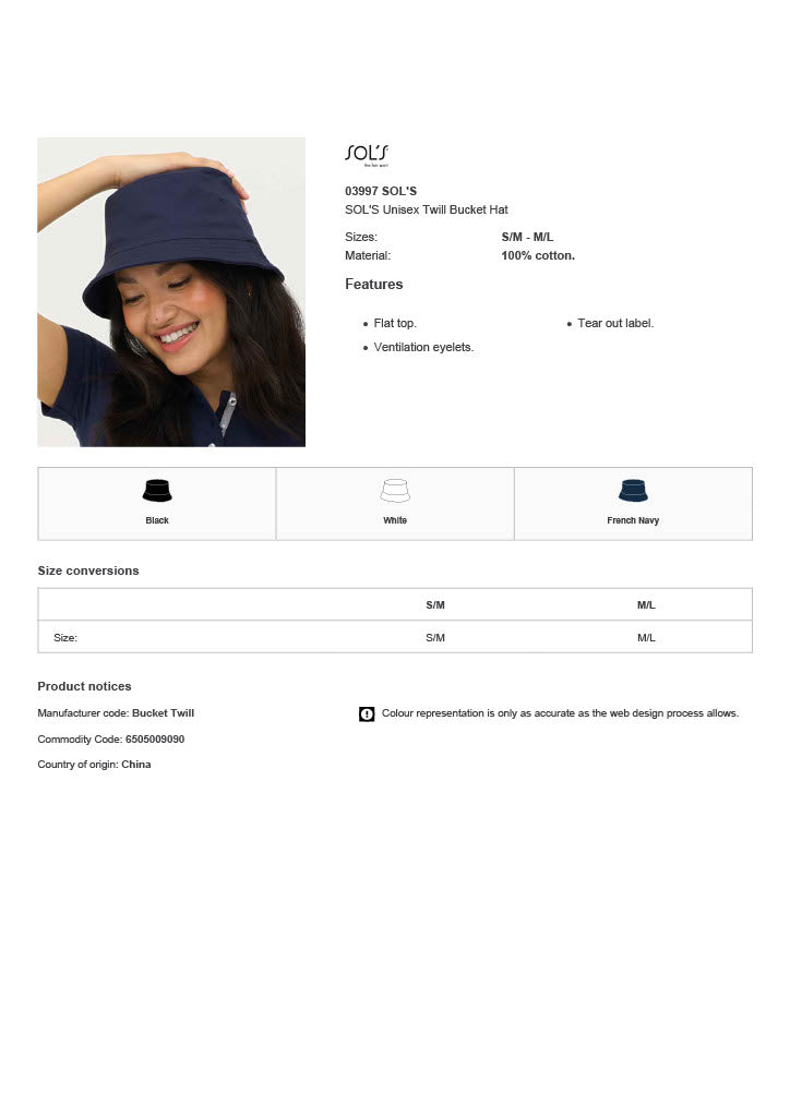 SOL'S Unisex Twill Bucket Hat