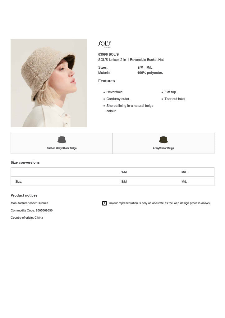 SOL'S Unisex 2-in-1 Reversible Bucket Hat