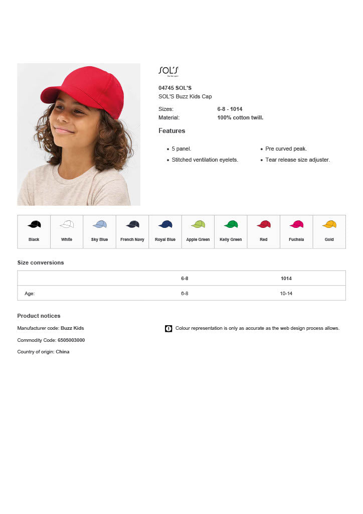 SOL'S Buzz Kids Cap