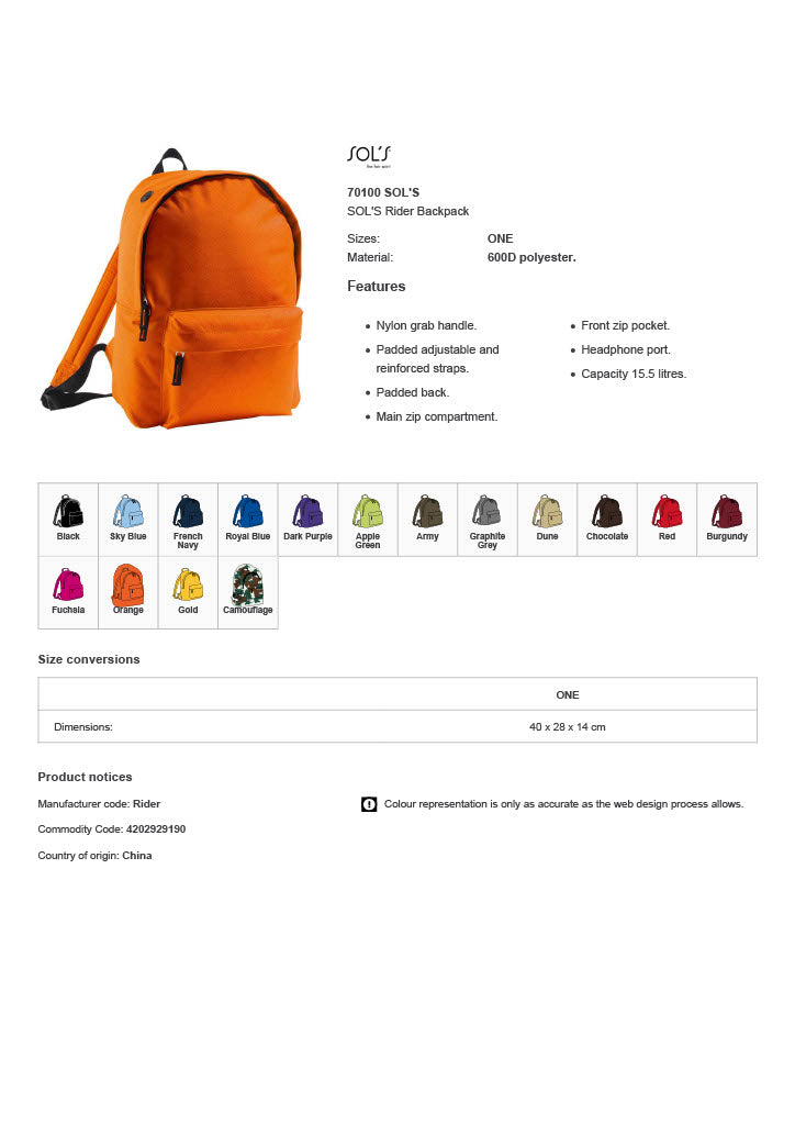 SOL'S Rider Backpack