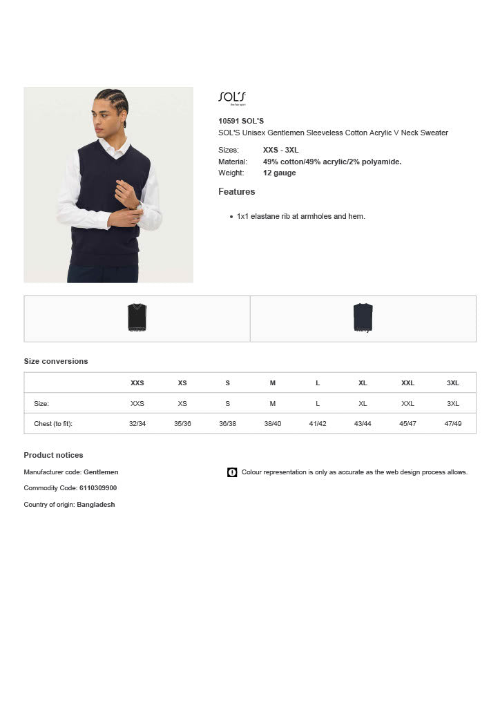 SOL'S Unisex Gentlemen Sleeveless Cotton Acrylic V Neck Sweater