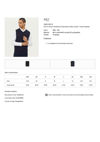 SOL'S Unisex Gentlemen Sleeveless Cotton Acrylic V Neck Sweater