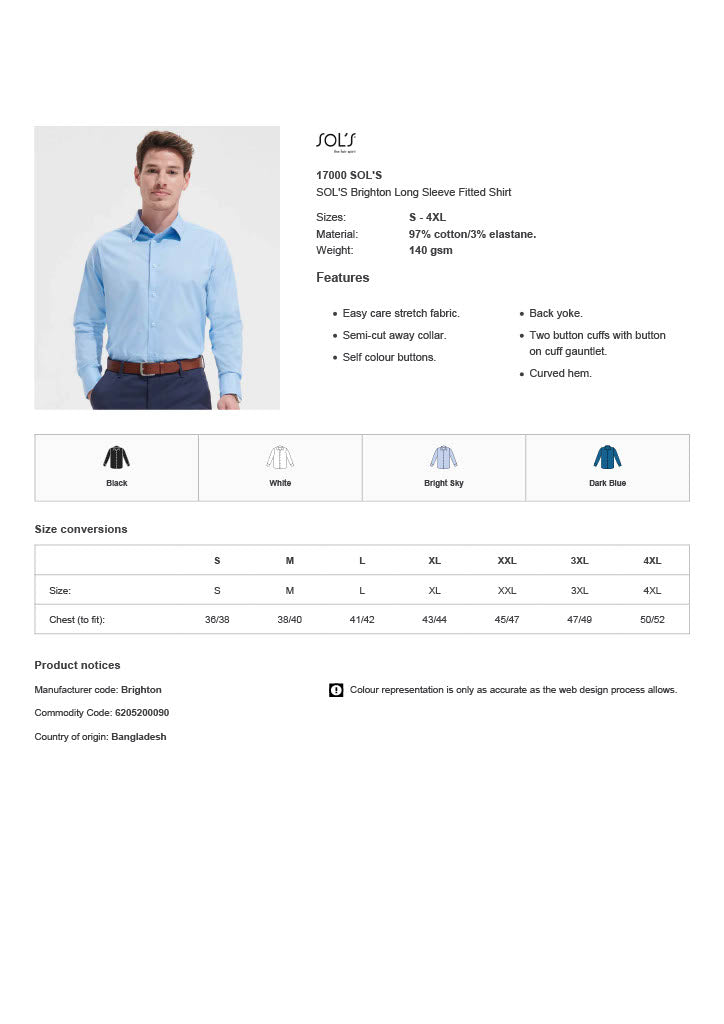 SOL'S Brighton Long Sleeve Fitted Shirt