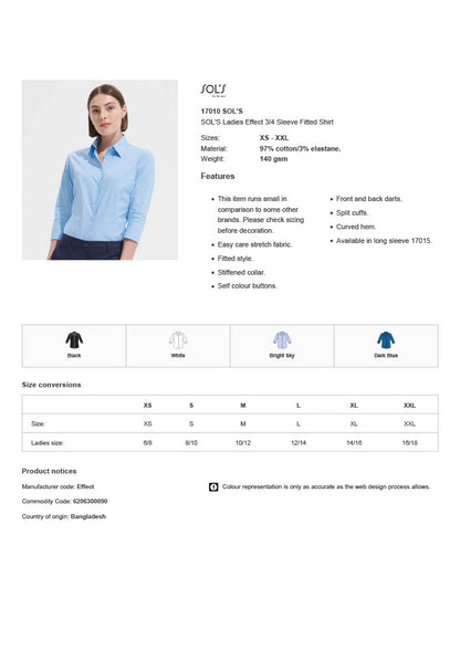 SOL'S Ladies Effect 3/4 Sleeve Fitted Shirt