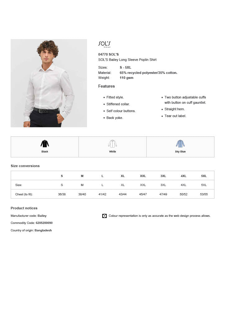 SOL'S Bailey Long Sleeve Poplin Shirt