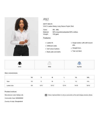 SOL'S Ladies Bailey Long Sleeve Poplin Shirt