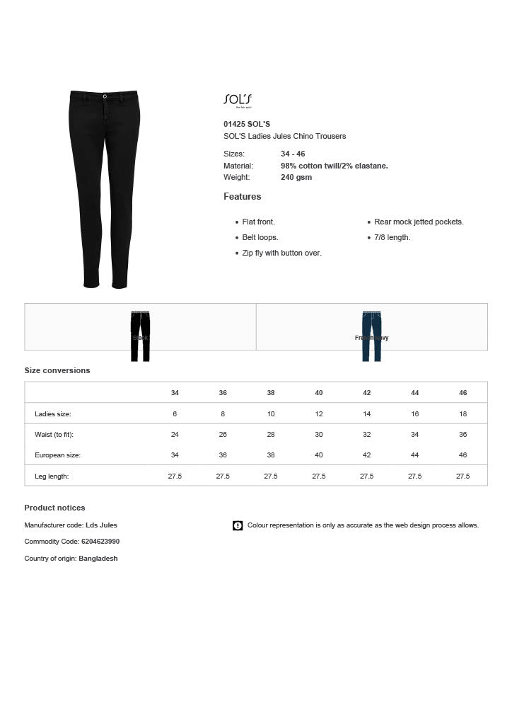 SOL'S Ladies Jules Chino Trousers