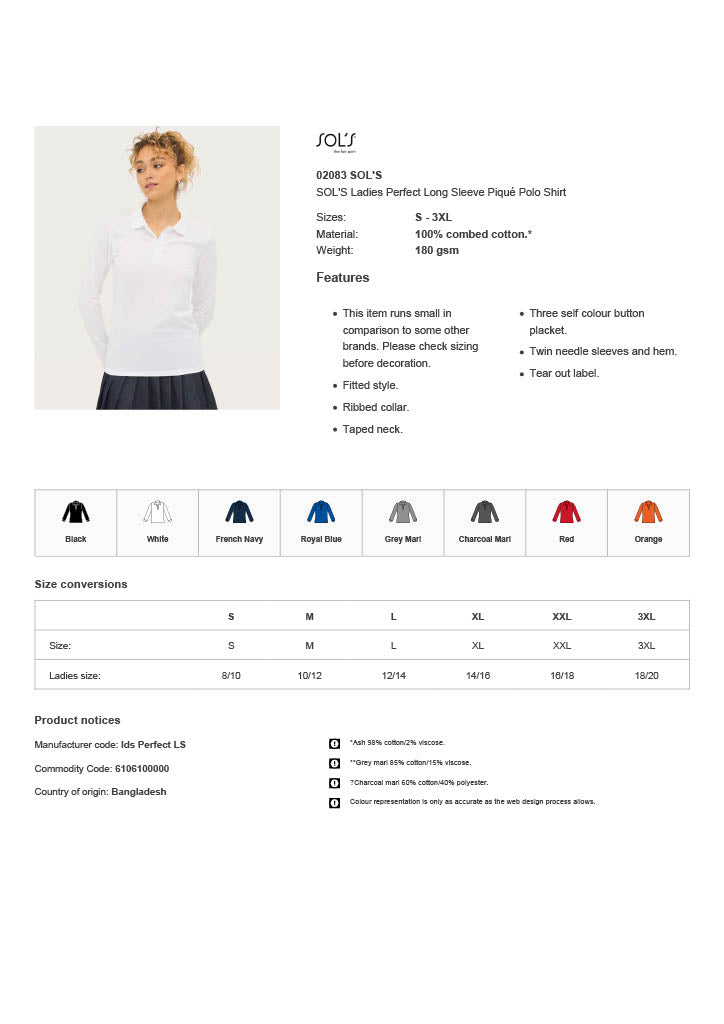 SOL'S Ladies Perfect Long Sleeve Piqué Polo Shirt