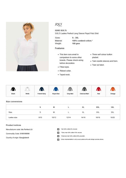 SOL'S Ladies Perfect Long Sleeve Piqué Polo Shirt