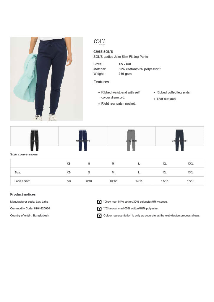 SOL'S Ladies Jake Slim Fit Jog Pants