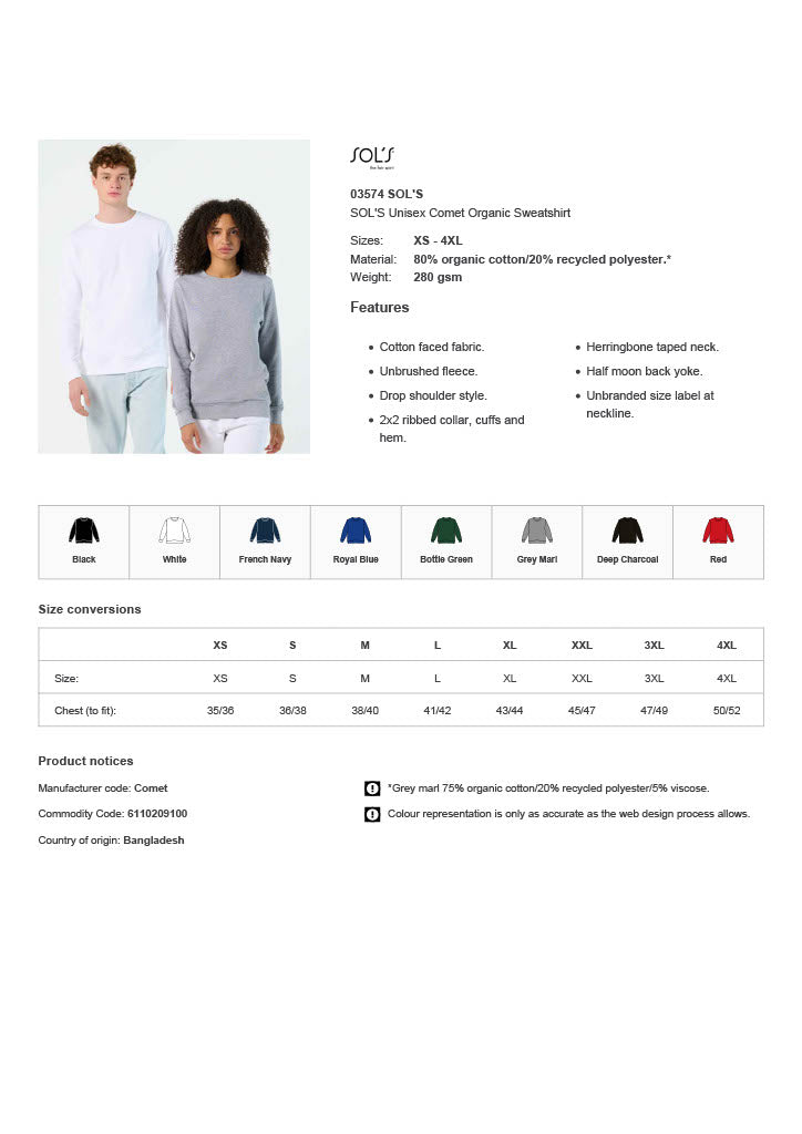 SOL'S Unisex Comet Organic Sweatshirt