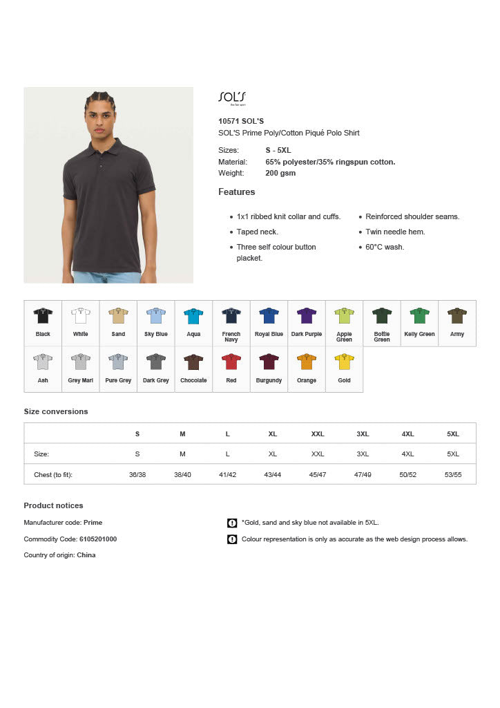 SOL'S Prime Poly/Cotton Piqué Polo Shirt
