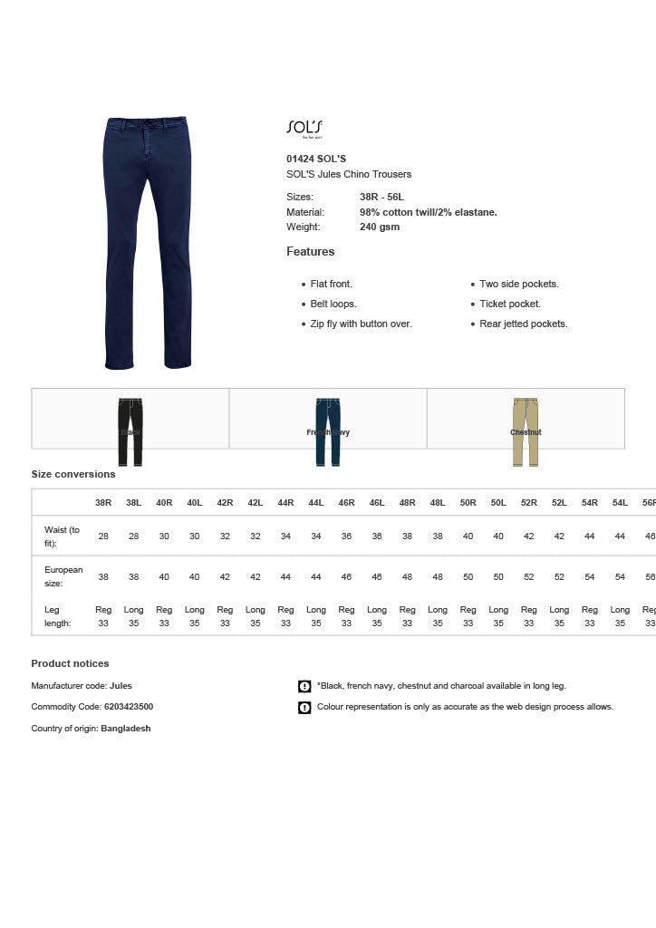 SOL'S Jules Chino Trousers