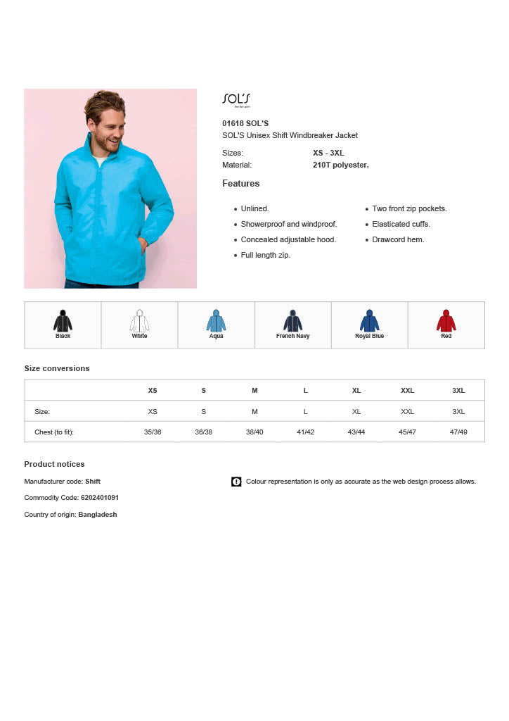 SOL'S Unisex Shift Windbreaker Jacket