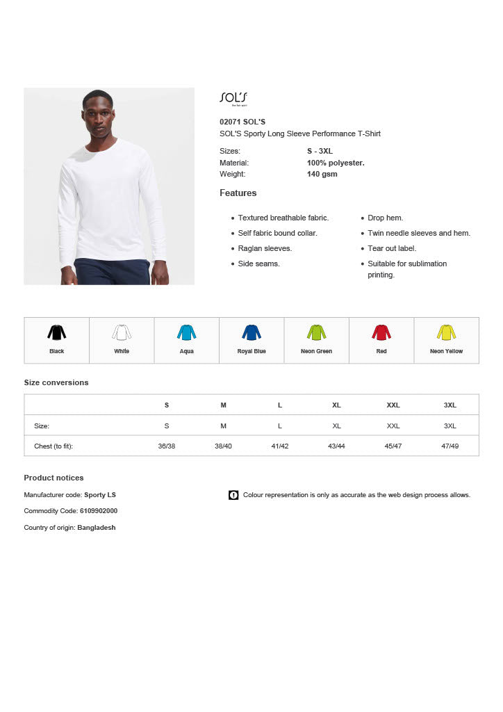 SOL'S Sporty Long Sleeve Performance T-Shirt