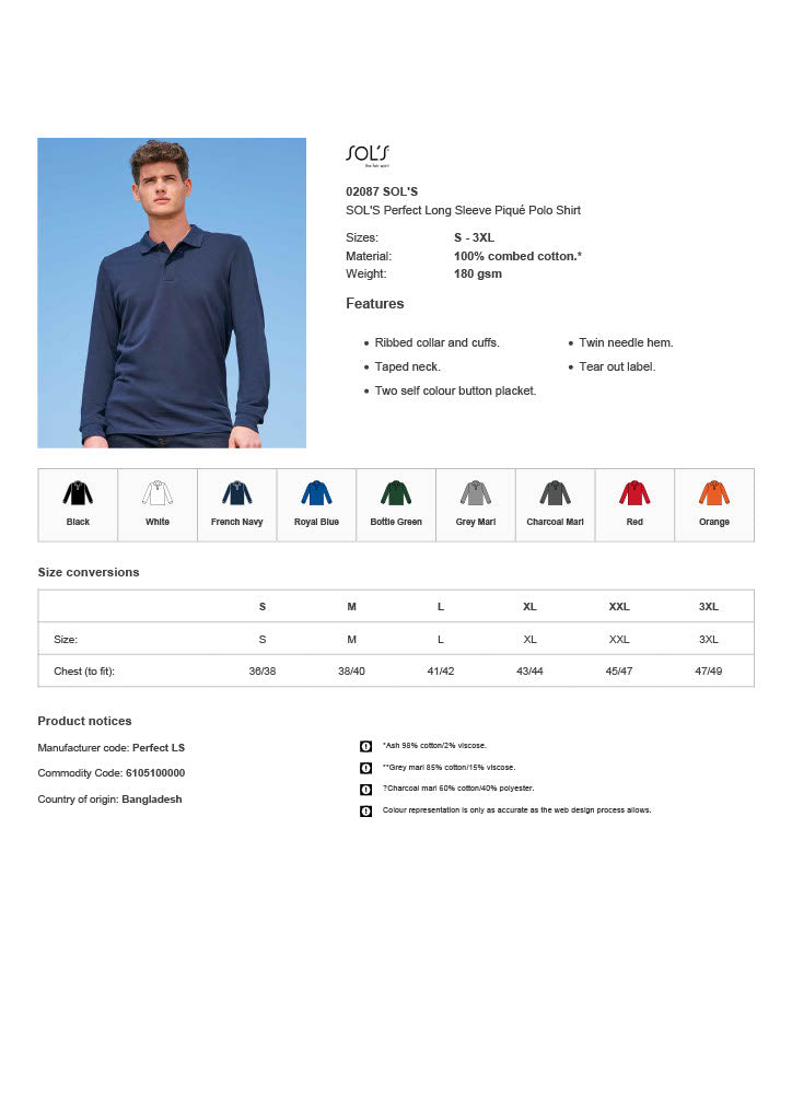 SOL'S Perfect Long Sleeve Piqué Polo Shirt