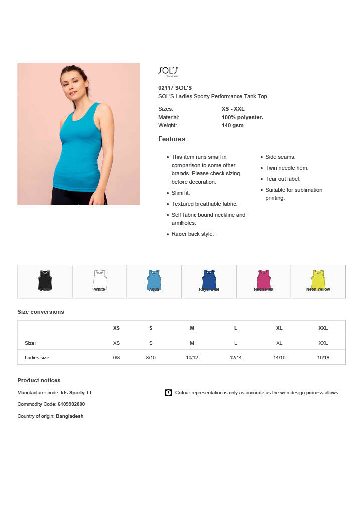 SOL'S Ladies Sporty Performance Tank Top